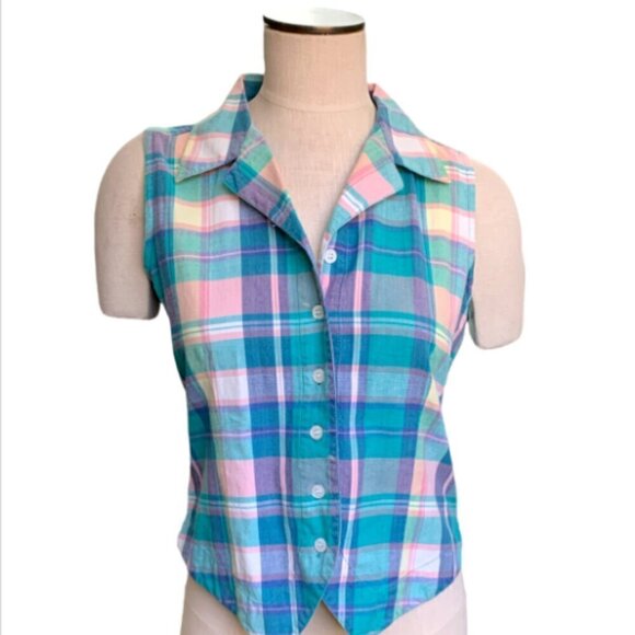 Erika Classics Button Up Collared Vest Top Sz M 100% Cotton Pastel Plaid 15P - Picture 2 of 6